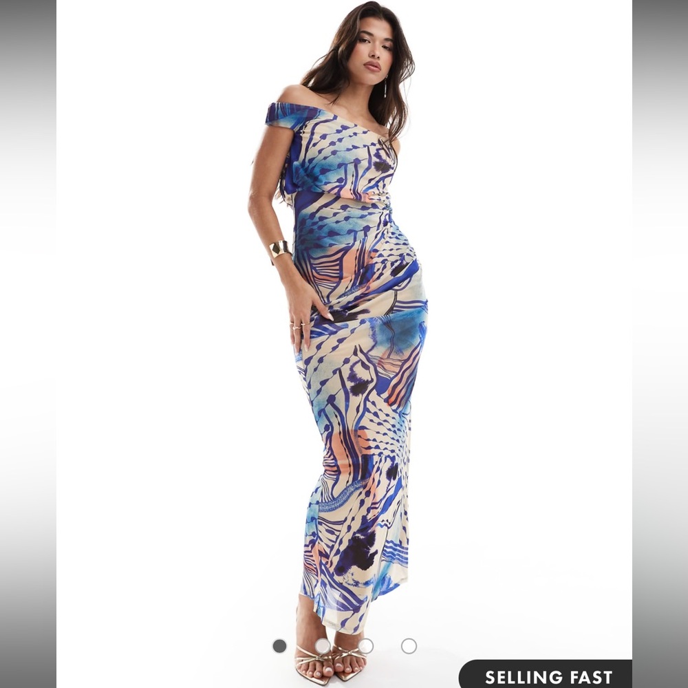 ASOS DESIGN mesh slouchy off the shoulder maxi dress ruched abstract print
